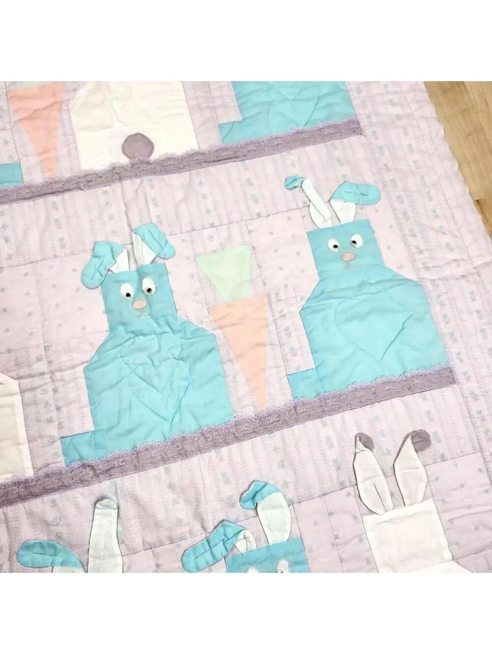 Handmade Baby Quilt with Bunny Pattern Blanket in Blue, White and Lavender